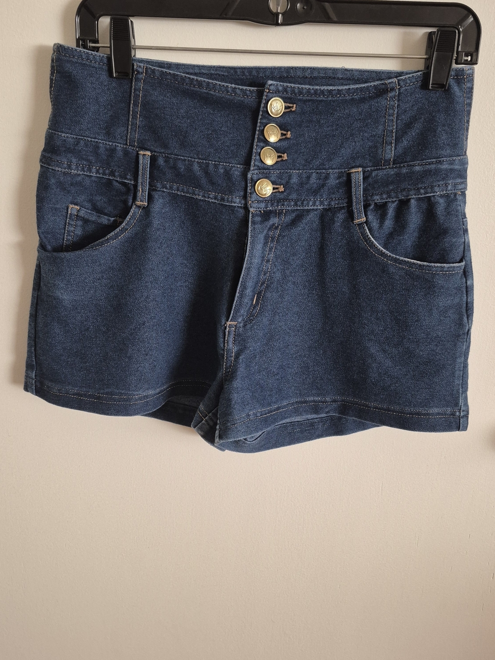 Nicki Minaj Dark Blue High-Waist Denim Shorts with Gold Buttons